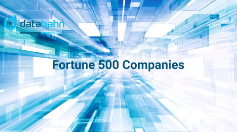 Blue futuristic corridor with 'databahn' logo and 'Fortune 500 Companies' text.